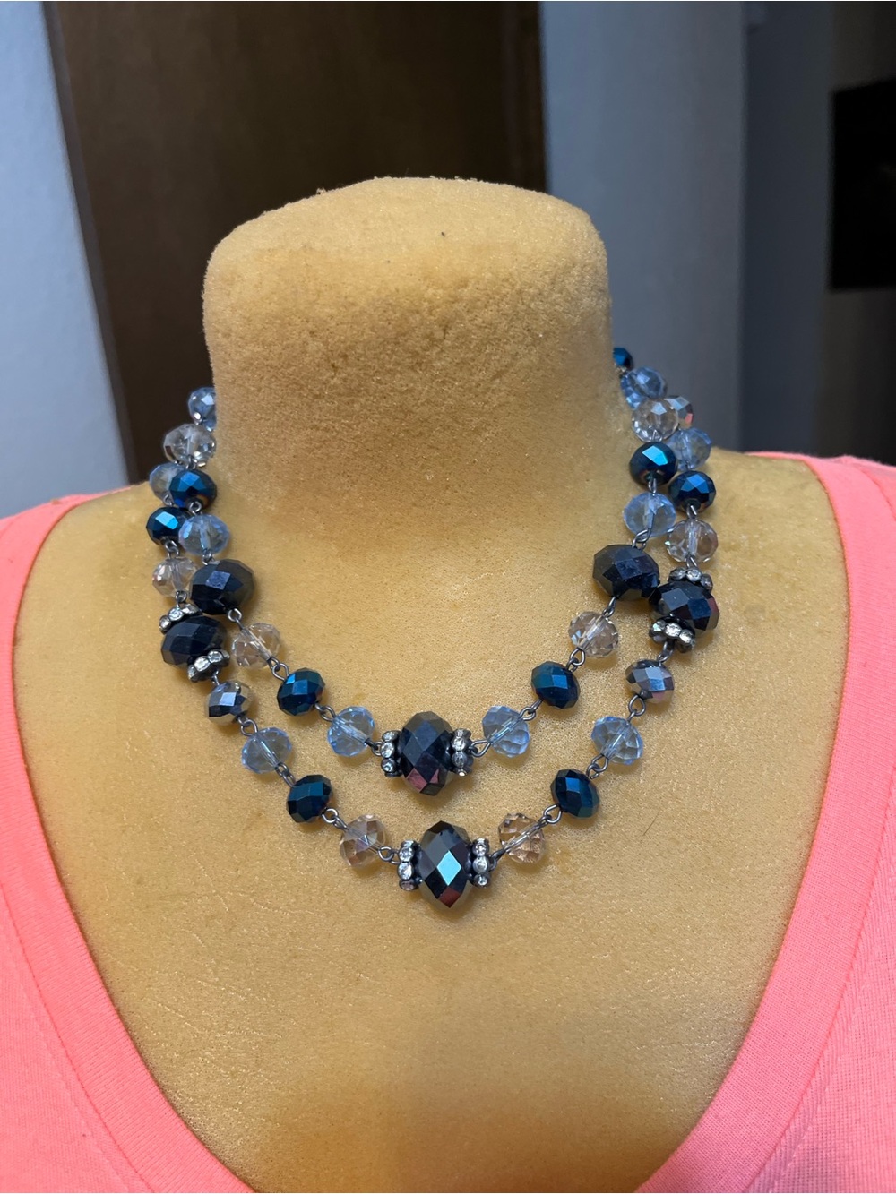 Trifari Two-Strand Faceted Blue and Clear Crystal Necklace